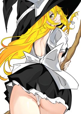 absurdres alternate_costume apron ass back_cutout blonde_hair braid breasts broom cameltoe clothes_lift clothing_cutout covered_erect_nipples female hair_between_eyes hat highres kirisame_marisa large_breasts long_hair looking_at_viewer looking_back marisa_kirisame panties pussy shirt short_sleeves side_braid simple_background skirt skirt_lift smile solo touhou unanooo_(fthx7532) underwear waist_apron white_background white_panties witch_hat yellow_eyes