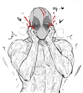 amputee bleeding blood_on_face blush cuts deadpool deadpool_&_wolverine_(2024) gay gyeleul hands_on_own_face hands_up heart highres implied_sex implied_yaoi injury male male_focus male_only marvel marvel_cinematic_universe marvel_comics mask monochrome no_fingers nude pectorals rough_sex scar solo solo_male torn_mask wolverine_(x-men) x-men yaoi