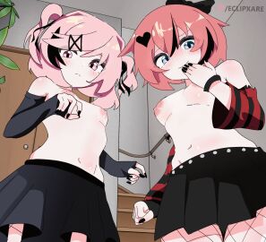 2girls animated doki_doki_literature_club eclipxare female female_only fishnets goth hd laugh laughing looking_at_viewer looking_down multiple_females multiple_girls natsuki_(doki_doki_literature_club) sayori_(doki_doki_literature_club) shirtless skirt topless