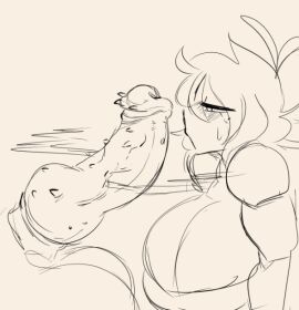 animal_genitalia animal_penis barbed_penis blowjob blowjob_face blush breasts fellatio female huge_breasts male mochi_dullahan penis spiked_penis