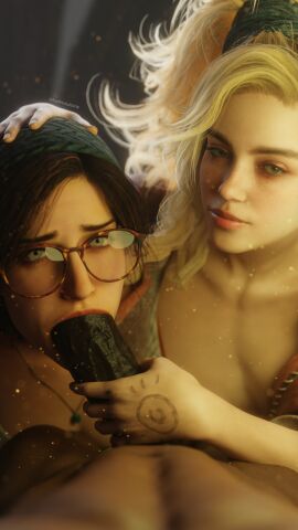 3d 3d_(artwork) 3d_background 3d_model 3d_render 8k alma_(monster_hunter_wilds) bbc big_black_cock black_penis blowjob blowjob_face capcom cock dick double_blowjob gemma_(monster_hunter_wilds) hi_res highres kazworksnsfw monster_hunter monster_hunter_wilds penis pov pov_eye_contact pov_male saliva saliva_trail threesome