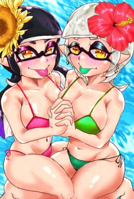 2girls alternate_hairstyle bikini blush breasts callie_(splatoon) callie_(summer_nights) cleavage earrings female flower flower_in_hair green_bikini green_tongue hair hair_ornament inkling inkling_girl large_breasts long_hair looking_at_viewer marie_(splatoon) marie_(summer_nights) mazuo917 mole mole_under_eye navel nintendo official_alternate_hairstyle pink_bikini pointy_ears shiny_skin short_hair side-tie_bikini splatfest splatoon splatoon_(series) splatoon_3 squid_sisters summer_nights_splatfest swimsuit tentacle_hair thick_thighs thighs tongue tongue_out wet