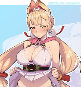 1girls alice_thymefield alice_thymefield_(sea_of_thyme) blonde_hair breasts cleavage female female_focus female_only heterochromia highres kukumomo large_breasts light-skinned_female light_skin looking_away navel official_alternate_costume red_eye red_eyes solo swimsuit twintails wide_hips yellow_eye yellow_eyes zenless_zone_zero