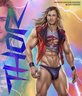 1boy abs actor biceps bulge carlos_gzz celebrity chris_hemsworth human human_only in_character licking light_skin long_hair male male_only marvel marvel_cinematic_universe marvel_comics mature mature_male muscular muscular_male pecs ripped_clothing thick_thighs thor:_love_and_thunder thor_(marvel) thor_(series) underwear