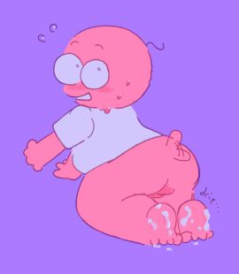 1boy ass backsack balls ballsack blush cum cum_on_feet feet foot_fetish half-dressed male male_only non-human pim_(smiling_friends) pink_body popeexoxo shy smiling_friends sweatdrop tailwag