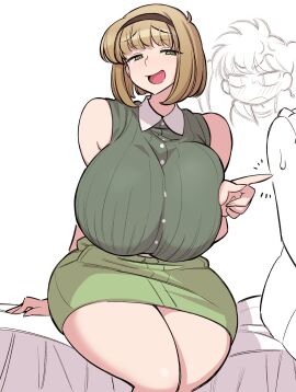 2girls aged_up big_breasts blush breasts breasts_bigger_than_head brown_hair clothed curvy female green_eyes hairband huge_breasts human jigoku_sensei_nube kakuzato kyoko_inaba light-skinned_female light_skin miki_hosokawa pale-skinned_female pale_skin poking satousatotototo short_hair shounen_jump sitting skirt sleeveless sleeveless_sweater smug smug_face solo_focus tagme thick_thighs voluptuous wide_hips