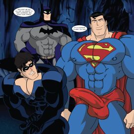 3boys abs animated balls batman batman_(bruce_wayne) biceps big_cock big_penis boner bruce_wayne caucasian caucasian_male clark_kent cum cumming dc dc_comics dcau dialogue dick_grayson english_dialogue english_text erect_penis erection gif handsfree_ejaculation hard_on huge_cock huge_penis human kal-el male male_focus male_only masked mchlsctt709 muscles muscular muscular_male nightwing pecs penis shy superhero superman superman_(clark_kent) text thick_thighs trio trio_focus yaoi