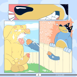 2025 anthro artist_name australian_cattle_dog balls bandit_heeler big_balls big_penis bird_dog black_body black_ears black_fur black_nose black_tail blue_body blue_fur blue_tail bluey_(series) bodily_fluids canid canine canis cattledog clenched_teeth cloud colored comic comic_panel cum cum_drip cum_in_mouth cum_inside cum_on_face cumshot digital_drawing_(artwork) digital_media_(artwork) domestic_dog dripping drooling duo ejaculation english_text erection fence fingers front_view fur furry gay genital_fluids genitals glory_hole grass grin herding_dog hi_res huge_balls huge_cock humanoid_genitalia hunting_dog labrador male male/male mammal multicolored_body multicolored_fur navel nipples nude obese obese_anthro onomatopoeia open_mouth outside overweight overweight_anthro pastoral_dog pat_(bluey) penis plant retriever saliva sex simple_background smile sound_effects speech_bubble sweat tail teeth teeth_showing text tongue tongue_out two-tone_tail yellow_body yellow_ears yellow_fur yellow_omen