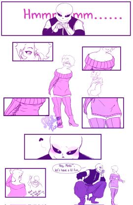 1boy 1girls 2d bigger_male blush checking_out comic dialogue english_text female heart human human_female humanoid male mothiepixie oc sans sans_au size_difference sizing_up skeleton smaller_female squatting talking text undertale undertale_(series) undertale_au