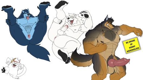 abs absurd_res animal_genitalia animal_penis anthro balls big_balls big_penis canid canine canine_genitalia canine_penis claws felid feline genitals group hi_res knot knotted_penis male mammal muscular muscular_male mythological_canine mythological_creature mythology open_mouth open_smile papwads pecs penis pubes seyrmo smile tongue tongue_out trio werecanid werecanine werecreature werewolf wolf