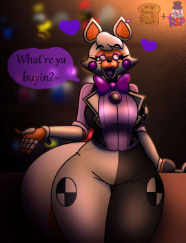 2024 2d 2d_(artwork) 2d_artwork animatronic animatronic_female anthro artist_logo artist_name beanontoast big_breasts breasts ear_piercing female five_laps_at_freddy's five_nights_at_freddy's five_nights_at_freddy's:_sister_location fox fox_ears fox_girl furry furry_female glowing_eyes lolbit_(fnaf) orange_highlights purple_cheeks purple_lipstick robot robot_girl rockstar_puppet_(artist) solo thick_thighs white_body