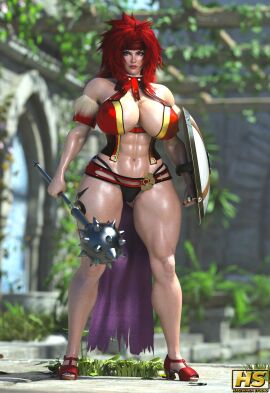 1girls 3d areolae big_breasts breasts female female_only hagiwara_studio hammer high_resolution highres muscles muscular muscular_female nipples nude nude_female pussy queen's_blade red_hair risty shield tagme tattoo thick thick_thighs