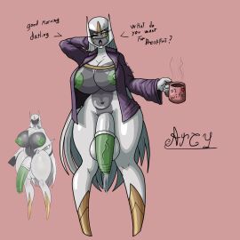 1:1 1:1_aspect_ratio 1futa alternate_color arceus arcy_(jeidan_limorty) areolae balls bottomless breasts clothed clothing creatures_(company) cum_drip cup dickgirl english_text foreskin futa_only futanari game_freak gen_4_pokemon generation_4_pokemon green_areola green_nipples green_penis green_sclera holding_mug huge_breasts humanoid humanoid_penis intersex jeidan_limorty legendary_pokemon long_hair looking_at_viewer mature mature_futa mostly_nude mug mythical_pokemon nintendo nipples no_feet one_arm_behind_head one_eye_closed open_mouth open_shirt penis pokemon pokemon_dppt purple_clothes purple_clothing purple_shirt purple_topwear self_upload solo standing uncircumcised uncut veiny_penis very_long_hair white_hair wife yellow_eyes yellow_eyeshadow