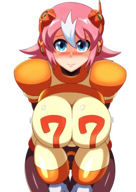 1girls big_breasts blue_eyes blush breasts female kotatuman_dash mega_man mega_man_x mega_man_x_dive nana_(mega_man) pink_hair robot_girl