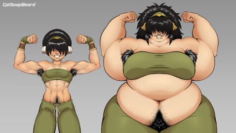1girls armpit_hair artist_name avatar_legends avatar_the_last_airbender before_and_after breasts captainsoapbeard chubby chubby_female earth_kingdom female female_armpit_hair female_chest_hair female_only hairy_armpits happy_trail human large_breasts overweight overweight_female pubic_hair sequence solo solo_female strongfat sweat toph_bei_fong transformation treasure_trail weight_gain wide_hips