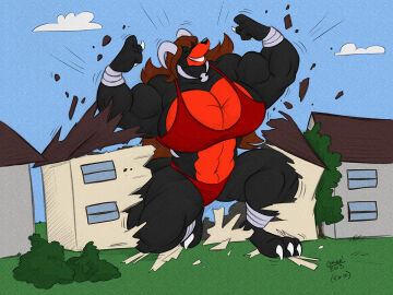 abs biceps breasts brown_hair cooner female hair horns houndoom hyper long_hair muscles muscular muscular_arms muscular_female muscular_legs muscular_thighs pecs pokemon