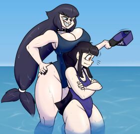 /ctt/ 2girls arms_crossed beach black_fingernails blue_eyes breasts breasts_on_head console-tan female gamecube-tan gameshark gameshark-tan gijinka hime_cut holding_hat humanized large_breasts larger_female long_hair looking_down nintendo_gamecube noh-buddy ocean one-piece_swimsuit ponytail red_eyes sharp_teeth small_breasts spiked_collar water_drop