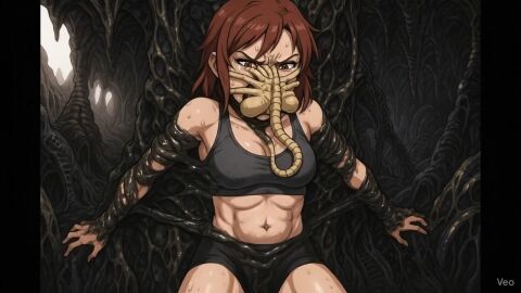 abs alien alien_(franchise) angry_face animated belly belly_expansion brown_hair facehugger female gym_clothes hive impregnation tagme video