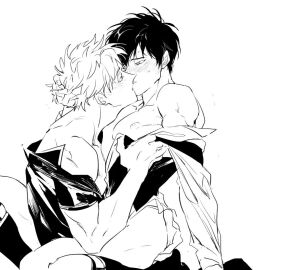 2boys ass bishonen blush dffr89 eye_contact gay gintama gintoki_sakata hand_on_another's_head hand_on_ass hand_on_butt hijikata_toshiro implied_anal implied_sex kissing looking_at_another male male_only monochrome no_visible_genitalia off_shoulder open_shirt sitting_on_lap sitting_on_person sock_garters yaoi