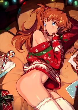 1girls ass asuka_langley_sohryu blue_eyes bottomless bottomless_female christmas collar eating female female_only high-angle_view light-skinned_female light_skin long_hair lying lying_on_side neon_genesis_evangelion optionaltypo orange_hair solo stockings sweater thighhighs thighs