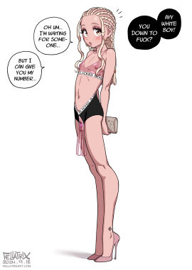 1boy 2024 2d africa_earrings artist_name big_eyes blacked_clothing blacked_male blonde blonde-haired_male blonde_hair blonde_male blush_lines blushing blushing_at_viewer bra_and_panties braid braided_hair braids chastity chastity_cage chastity_device clothed clothed_male color continent-shaped_earrings continent_earrings cornrows dreadlocks earrings english english_text fellatrix femboy femboy_only feminine_male full_color hands_behind_back heels high_heels light-skinned_male light_skin looking_at_viewer male male_only nipples_visible_through_clothing npples offscreen_character original original_character petite petite_body petite_male pouty_lips pumps qos qos_tattoo queen_of_spades queen_of_spades_symbol revealing_clothes riley_(fellatrix) shoes solo solo_femboy speech_bubble tattoo translucent_clothing visible_nipples white_background