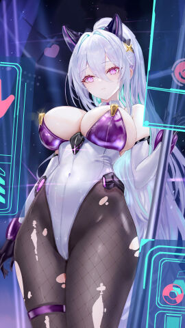 1girls age_fx azur_lane breasts eagle_union_(azur_lane) fake_animal_ears fake_cat_ears female female_only huge_breasts kearsarge_(all-night_charge)_(azur_lane) kearsarge_(azur_lane) light-skinned_female light_skin long_hair pantyhose purple_eyes thick_thighs torn_pantyhose white_hair