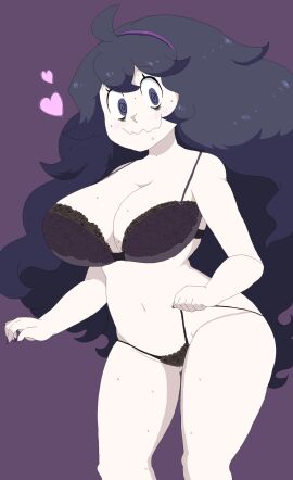 1girls 2010s 2016 breasts cassettedream dream-cassette female game_freak headband heart hearts_around_head hex_maniac hoshime huge_breasts light-skinned_female light_skin lingerie lingerie_only long_hair nervous_smile pale-skinned_female pale_skin pokemon pokemon_xy pulling_thong purple_eyes purple_hair simple_background solo swirly_eyes thick_thighs voluptuous