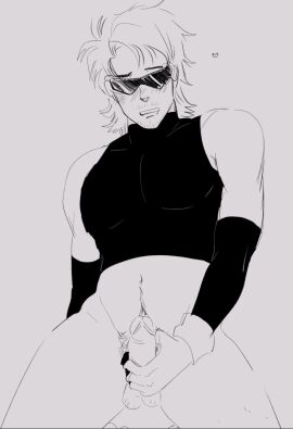 1boy crop_top detached_sleeves devilkokonatsu facial_hair facing_viewer fingerless_gloves greyscale hand_on_penis heart lips_parted male masturbation muscular navel oc on_knees original original_character partially_clothed penis pubic_hair short_hair sleeveless_turtleneck solo visor_(eyewear)