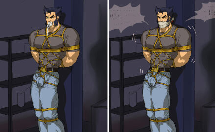 1boy 2019 bara bondage bound bound_arms bound_legs breasts bulge bulge_through_clothing bulge_under_clothes closed_eyes clothed detailed_background doctotter dubious_consent feet_out_of_frame flaccid fully_clothed gag gagged gagged_male gay jeans male male_only marvel marvel_comics muffled muscular muscular_chest mutton_chops penis rope rope_bondage shibari_bondage shibari_over_clothes sock_gag solo solo_male standing t-shirt tied_up wolverine_(x-men) x-men yaoi