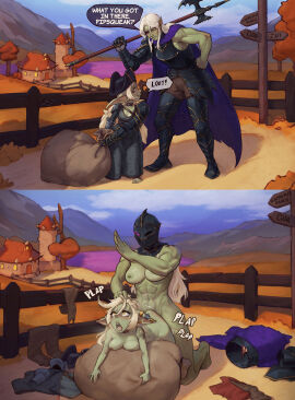 1futa 1girls armor clothed clothed_female clothed_futa day dialogue english_text female futa_on_female futanari goblin goblin_female halberd helmet helmet_only holding_melee_weapon holding_object holding_weapon intersex larger_futa melee_weapon mountain mountains muscular muscular_futa nanodeath nude nude_female nude_futa orc orc_futa outdoors shortstack size_difference smaller_female spanking text