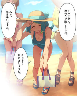 3girls ahoge bag beach bent_over bikini blonde_hair blue_hair blue_one-piece_swimsuit blush breasts brown_eyes brown_hair cleavage collarbone commentary covered_navel delia_ketchum delia_ketchum_(pokemon) ero_kaeru female freckles handbag hat lana's_mother_(pokemon) long_hair looking_at_viewer low_ponytail lusamine_(pokemon) mature_female medium_breasts multiple_females multiple_girls nintendo ocean one-piece_swimsuit open_mouth pokemon pokemon_(anime) pokemon_(classic_anime) pokemon_sm pokemon_sm_(anime) ponytail sandals side-tie_bikini_bottom smile split_ponytail sun_hat swimsuit translation_request very_long_hair wide_hips