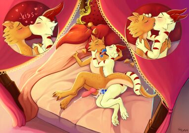 anal anal_sex animal_genitalia animal_penis anthro ass bed bed_sheet bedding bodily_fluids canine_genitalia canine_penis closed_eyes cum cum_in_ass cum_inside cum_on_ass cum_on_bed cum_on_butt cum_overflow cum_while_penetrated cumshot digital_media_(artwork) dripping duo ejaculation erection feet fingers french_kissing fur furniture genital_fluids genitals hand_holding hi_res horn hug kissing knot kobold lying male male/male male_penetrated male_penetrating male_penetrating_male nude on_bed on_side open_mouth orgasm penetration penile penis pillow reptile romantic romantic_ambiance romantic_couple romantic_sex saliva saliva_drip scalie sex skyvo tail toes tongue tongue_out