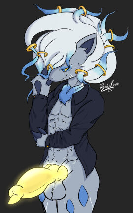 animal_genitalia animal_humanoid animal_penis anthro black_clothing black_shirt black_topwear bottomless canid canid_humanoid canine canine_genitalia canine_humanoid canine_penis clothed clothing fan_character fox fox_humanoid fur generation_8_pokemon genitals glowing glowing_genitalia glowing_penis grey_body grey_fur hi_res hisuian_form hisuian_zoroark humanoid male mammal mammal_humanoid nintendo open_clothing open_shirt open_topwear penis pokemon pokemon_(species) regional_form_(pokemon) ring roidrodger shirt solo topwear zoroark