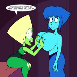 2girls big_breasts breast_grab breasts cartoon_network double_breast_grab female groping huge_breasts lapis_lazuli_(steven_universe) peridot_(steven_universe) sb99 scobionicle99 steven_universe yuri