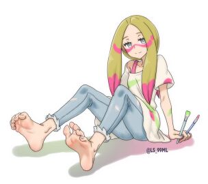 5_toes bad_id bad_pixiv_id barefoot black_eyes blouse creatures_(company) feet female foot_fetish foot_focus game_freak greek_toe half-closed_eyes long_hair long_shirt looking_at_viewer mina_(pokemon) nintendo paintbrush pants pokemon pokemon_sm shirt sitting smile soles solo toenails toes torn_clothes tsukimaru_(ls_99ml) white_background white_shirt