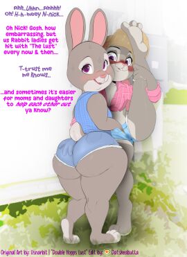 2girls barefoot blush bonnie_hopps booty_shorts bunny clothed clothing daisy_dukes datsheabutta daughter denim_shorts dialogue disney edit farmgirl female female_only fingering_partner fingering_under_clothes flexible flexing furry grey_fur groping_ass hat horny in_heat incest judy_hopps legs_up looking_at_viewer looking_back milf mother mother_and_daughter multiple_females multiple_girls name_drop older_female purple_eyes text usnarbit younger_female yuri zootopia
