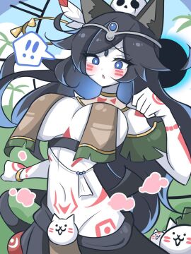 !! :o blush body_markings bottomless breast_curtains breasts convenient_censoring death's_daughter_lunacia embarrassed female konpee large_breasts netherworld_nymph_lunacia no_panties nyanko_daisensou paw_pose tattoos the_battle_cats white_skin