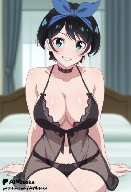 1girls ai_generated aimisaka aqua_eyes arm_support artist_name babydoll bare_arms bare_shoulders bed bedroom black_choker black_hair black_panties blue_hairband blurry blurry_background blush bow breasts choker cleavage collarbone curtains green_eyes grin hair_ribbon hairband indoors kanojo_okarishimasu large_breasts lingerie looking_at_viewer navel on_bed panties patreon_logo patreon_username pillow ribbon sarashina_ruka see-through short_hair sitting smile solo teeth thighs underwear window