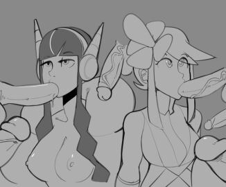 2girls 5boys breasts cleavage elesa_(pokemon) elesa_(pokemon_bw2) fellatio female male monochrome nipples oral penis pokemon ragingbarbarians skyla_(pokemon) sucking sucking_penis