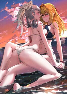 2girls absurd_res alternate_costume ass ass_grab blonde_hair blue_eyes breasts busty cleavage curvy female female_only fiora_(xenoblade) green_eyes groping groping_ass hand_on_ass hand_on_butt highres hourglass_figure large_ass large_breasts long_hair melia_antiqua mercury_xeno midriff monolith_soft navel nintendo official_alternate_costume silver_hair slim_waist swimsuit thick_thighs thighs water wide_hips wings wings_on_head xenoblade_(series) xenoblade_chronicles yuri