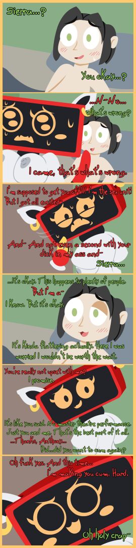 absurd_res anthony_(c.c.c.) anthro bed bedroom black_hair comic domestic_cat duo english_text felid feline felis female floating_hands for_a_head furniture green_eyes grey_nipples hair hi_res human human/robot long_image machine male male/female mammal monitor_head nipples object_head on_bottom on_top piercing reverse_cowgirl_position robot sex shane_frost sierra_(shane_frost) tall_image text white_body white_skin