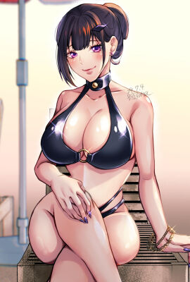 1girls 2024 artist_name bangs bare_shoulders beach beach_chair beach_umbrella bikini black_hair blush bracelets breasts choker cleavage earring eyebrows_visible_through_hair female female_only goddess_of_victory:_nikke hair_intakes hair_ornament highres huge_breasts jewelry legs light-skinned_female light_skin lips lipstick looking_at_viewer mihara_(nikke) nails painted_nails purple_eyes sitting sitting_on_chair smile smiling_at_viewer thighs tied_hair umbrella yumihama_ema