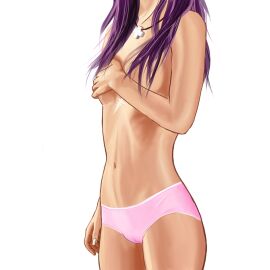 1girls bangs bare_shoulders blush breasts brown_eyes exposed_breasts female female_only long_hair looking_at_viewer misato_katsuragi necklace neon_genesis_evangelion nipples no_bra parted_bangs pendant purple_hair smile solo standing