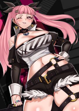 1girls aqua_nails bare_shoulders black_jacket black_ribbon black_shorts blue_nails blunt_bangs blush breasts ceroccb cleavage clothing_cutout commentary cosplay cowboy_shot cutoffs earrings female fire_emblem fire_emblem:_three_houses hair_ornament hair_ribbon hairclip heart heart_earrings highres hilda_valentine_goneril jacket jewelry large_breasts long_hair long_sleeves looking_at_viewer midriff nail_polish navel nicole_demara_(cosplay) nintendo one_eye_closed open_clothes open_jacket parted_lips pink_eyes pink_hair purple_nails ribbon short_shorts shorts shoulder_cutout solo standing stomach strapless thighs tube_top twintails very_long_hair zenless_zone_zero