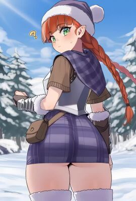 ai-created ai_generated animated arm_guards arm_warmers armor ass bangs blue_headwear blue_sky blunt_bangs blush boots bracer braid brown_shirt closed_mouth clothing day ear female footwear from_behind fur-trimmed_headwear fur_trim green_eyes hat headwear high_resolution huge_ass large_filesize legwear long_hair looking_at_viewer looking_back miniskirt orange_hair outdoors pear_shaped pencil_skirt plaid pointed_ears purple_headwear purple_skirt railing red_hair scarf shaddai shirt short_sleeves skirt sky smile snow snowing solo standing tagme thick_thighs thigh_boots thighhighs thighs tied_hair tree twin_braids unicorn_overlord vambraces very_high_resolution video viewed_from_below walking winter yunifi_(unicorn_overlord)