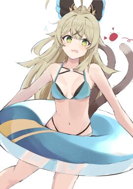 1girls 2d 2d_(artwork) alternate_costume belly_button bikini bikini_bottom bikini_top bra cat_girl cat_tail catgirl female female_focus female_only front_view genshin_impact green_eyes high_resolution highres kirara_(genshin_impact) light-skinned_female light_skin long_hair looking_at_viewer multi-strapped_bikini navel simple_background slim_female solo solo_female solo_focus standing swimsuit thong thong_bikini two_piece_swimsuit white_background young younger_female