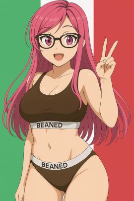 ai_generated asian beaned_clothing big_breasts fat_tits glasses happy mexican mexican_flag mexico not_porn oc original_character owned_by_mexico peace_sign pink_eyes pink_hair pinku_(oc) property property_of_mexico raceplay sports_bra sportswear stomach thick_thighs