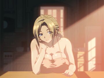 10s 2011 animated blonde_hair blue_eyes bouncing_breasts breasts female flopping_breasts floppy_breasts huge_breasts huge_cleavage jiggling_breasts kamimura_akiko kouzaka_kouhei natsu_no_saigo_no_hi nipples nipples_visible_through_clothing resting sisters_~natsu_no_saigo_no_hi~ table taki_minashika uncensored