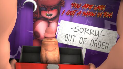 3d angry animatronic anthro areola big_breasts breasts canid canine curtains curtains_open duo english_text eye_patch eyewear fangs female fexa five_nights_at_freddy's fox foxy_(cally3d) foxy_(fnaf) fredina's_nightclub fur genitals gold_(metal) gold_tooth hair hi_res hook hook_hand human humanoid_genitalia humanoid_penis leafytheleafer machine male male/female mammal nipples nude open_mouth penis red_body robot scottgames sign teeth text tongue toolbox