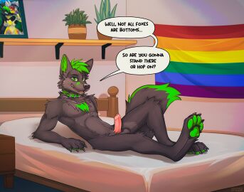 anthro bed black_nose canid canine collar english_text erection foreskin fur furniture genitals green_collar green_eyes green_hair green_pawpads grey_body grey_fur hair hi_res humanoid_genitalia humanoid_penis lgbt_pride looking_at_viewer male male_anthro mammal nude on_bed open_mouth open_smile pawpads penis pink_penis pride_colors rainbow_flag rainbow_pride_flag rainbow_symbol smile solo speech_bubble text uncircumcised yookie